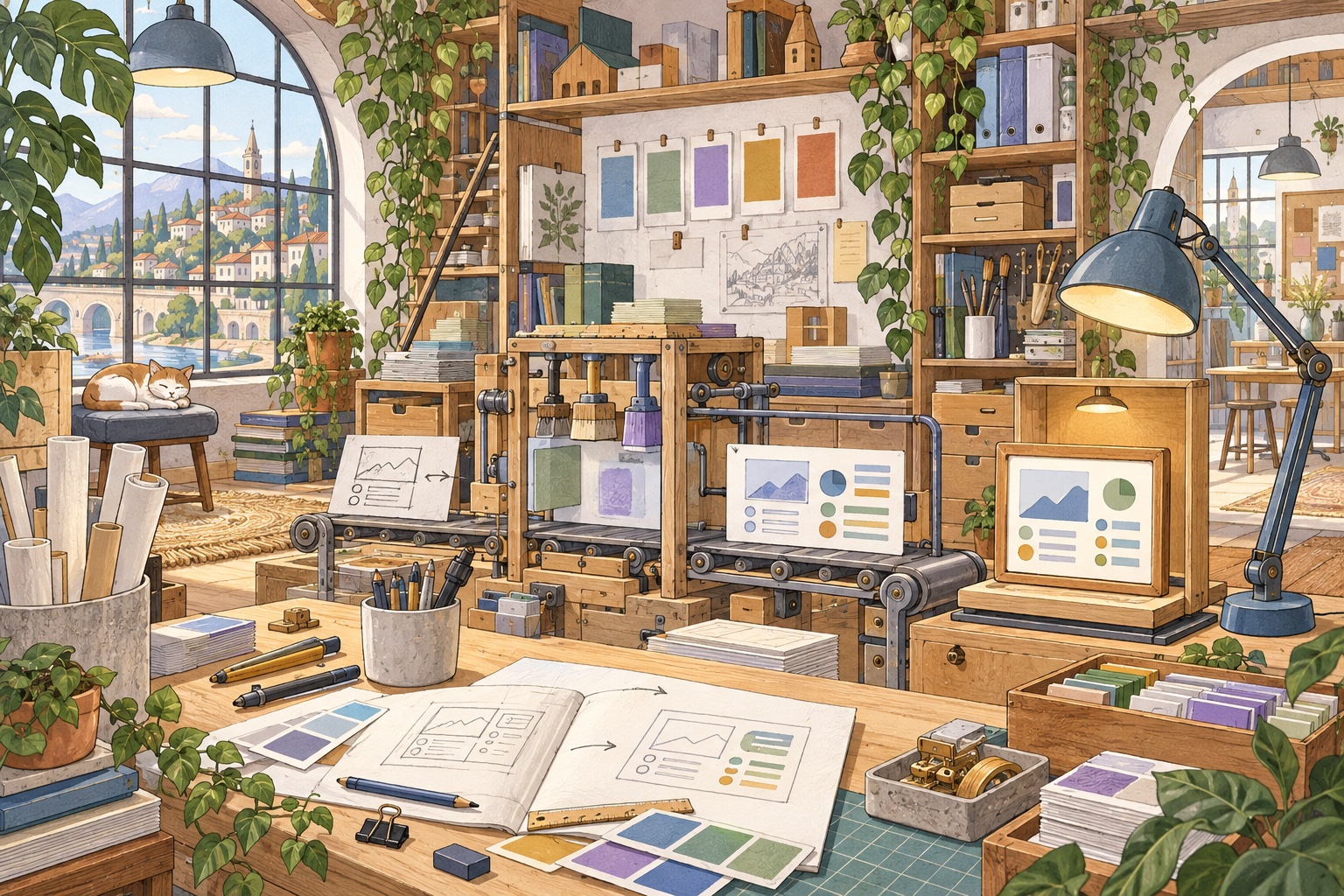 A playful illustrated workshop turns sketches and company knowledge into reusable dashboards on a miniature assembly line.