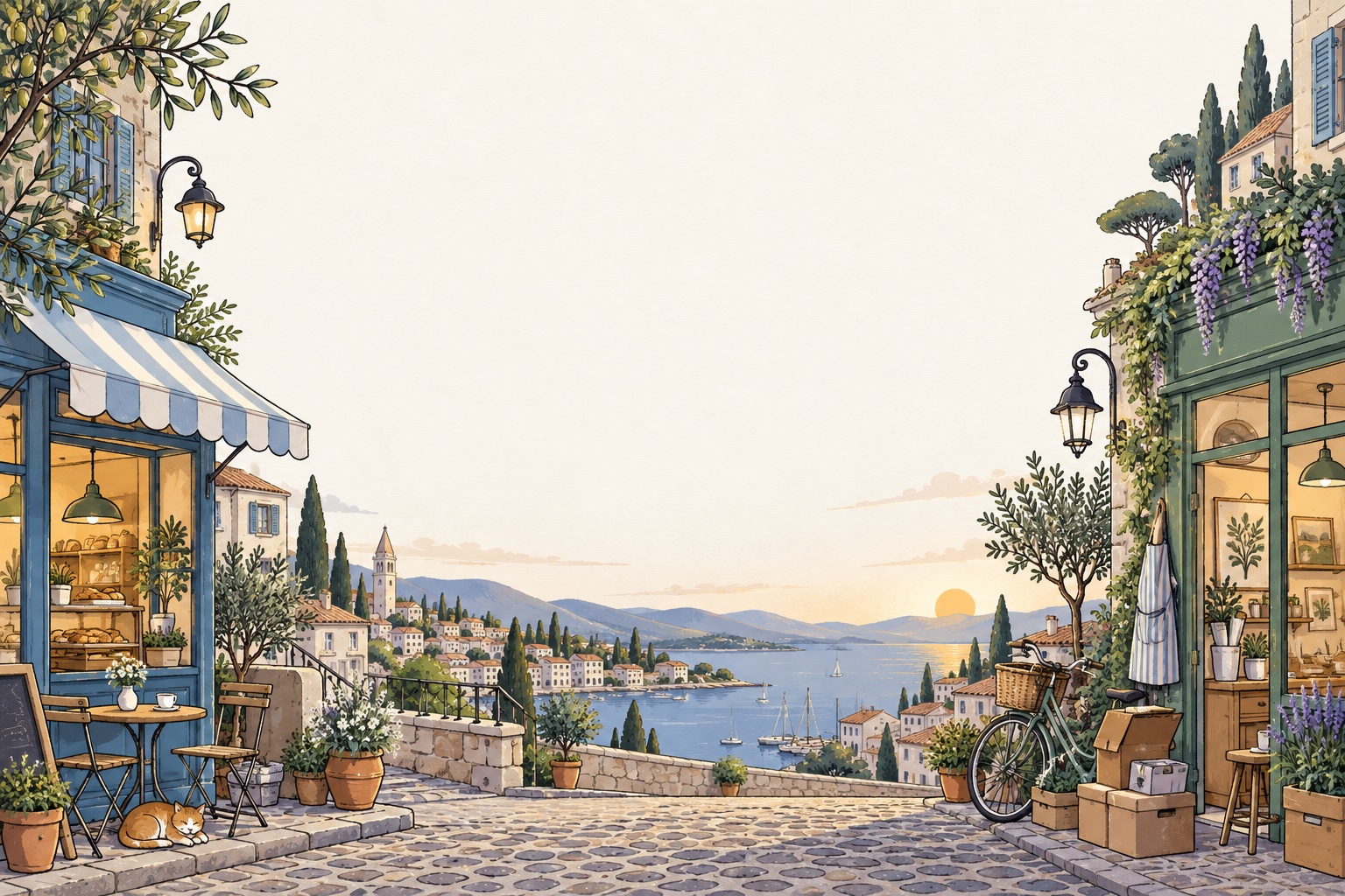 A warm cartoon neighborhood of cafés and studios winds down at sunset, with a bicycle, neatly packed boxes and a sleeping cat.