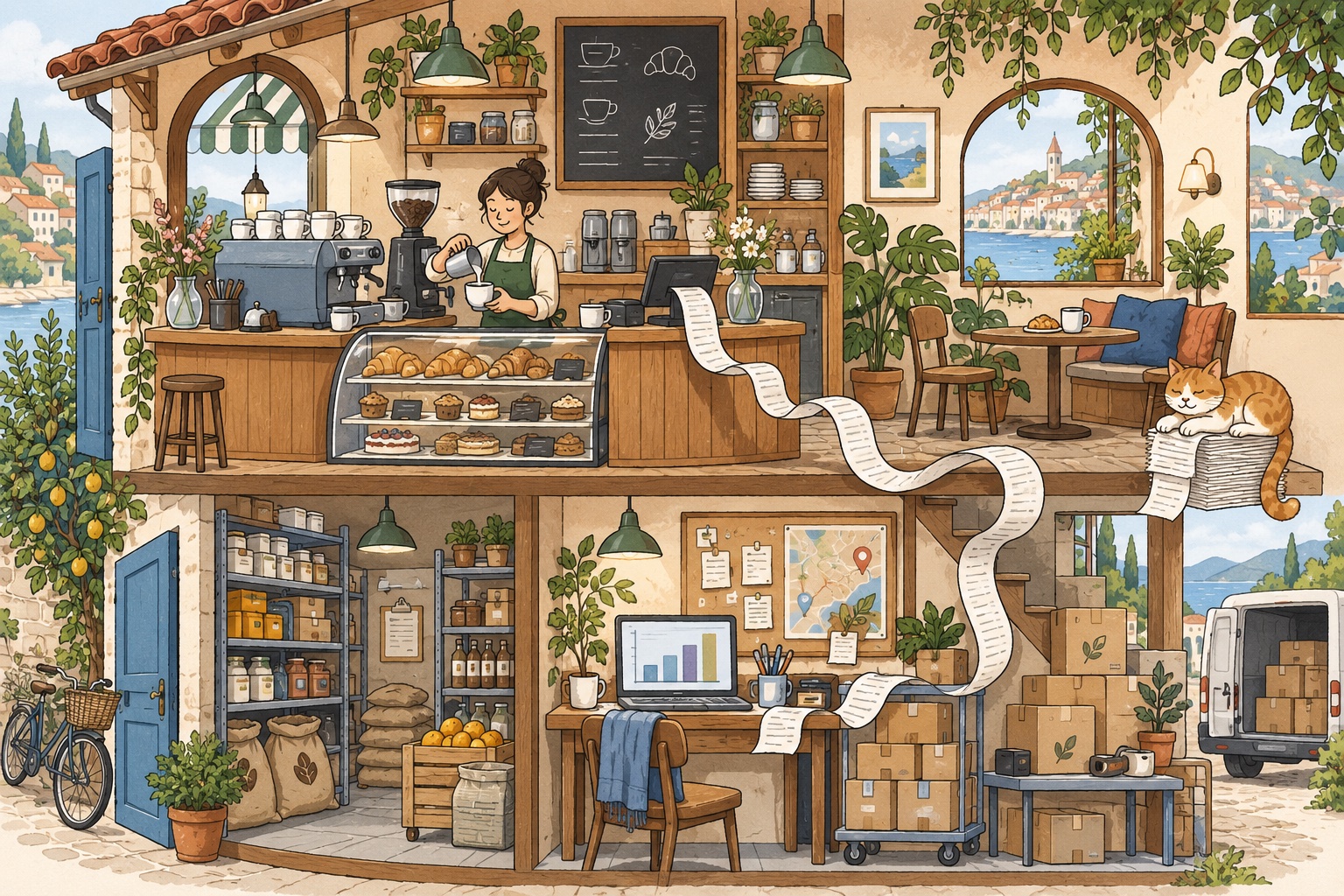 Illustrated barista making coffee behind a warm café counter.
